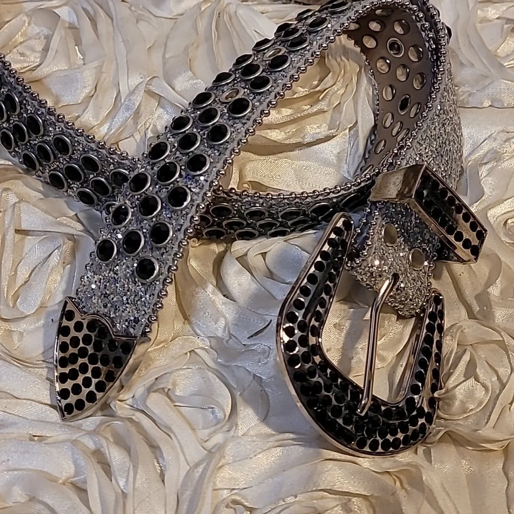 Rhinestone & Black Stud Grommet Womens Belt With Statement Buckle